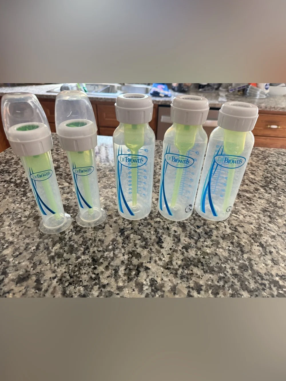 Lot of 5 Dr. Brown's Clear Feeding Bottles with Green Vent Inserts